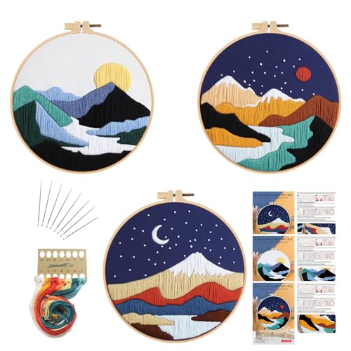 GLTAYLMY 3 Set Landscape Embroidery Kits for Beginners with Mountain Sun Moon Pattern,Adults Starter Cross Stitch Kit DIY Needlepoint Kits - color: Landscaping2