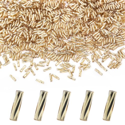 1400pcs 2x7mm Golden Glass Bugle Beads Tube Twisted Seed Beads for Earring Bracelet Necklace Jewelry DIY Craft Making AAA - color: Golden