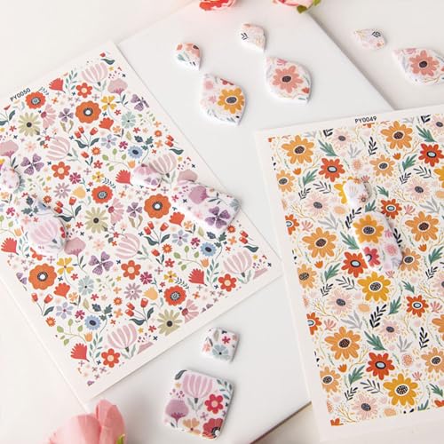 KABAKE Polymer Clay Transfer Paper 4 PCS Colorful Flowers Water Soluble Transfer Sheet for Earrings Jewelry Making - color: Flower