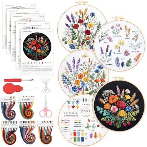 Yinder 5 Set Embroidery Kit for Beginner Starter Kit, Flowers - style: Flowers