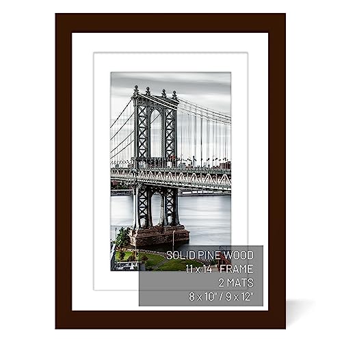 11x14 Solid Wood Picture Frames Display Pictures 9x12 or 8x10, with or without Mat, with 2 Mats for Wall Mounting or Table Top (Brown) - color: Brown, size: 11x14 inch