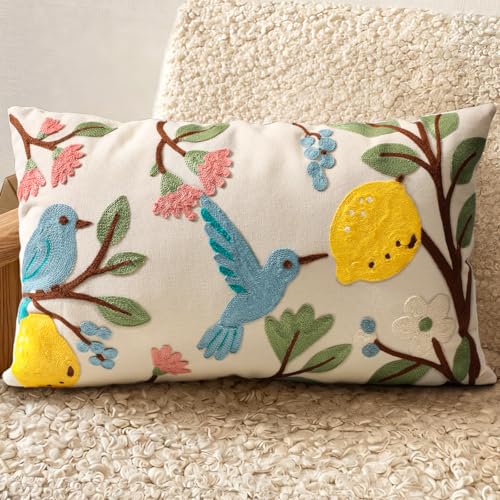 Embroidered Lumbar Pillow Cover 20x12 Inch, Bird Lemon - color: Bird Lemon, size: 20" x 12" (Pack of 1)