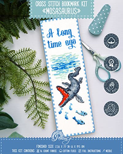 Povitrulya Dinosaur Counted Cross Stitch Kit Mosasaurus - DIY Bookmark Set for Hand Embroidery - color: Mosasaurus
