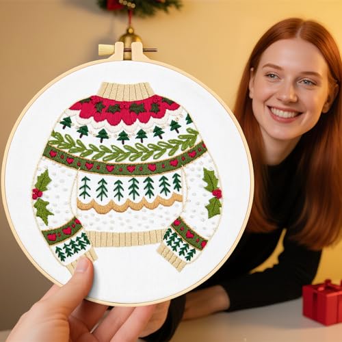 Crafmanoe Christmas Embroidery Kits for Beginners Embroidery Stitches Practice Kits for Adults, Christmas Cross Stitch Kits for Beginners Craft Kits, Embroidery Hoops, Fabric, Threads & Video Tutorial - color: H2050