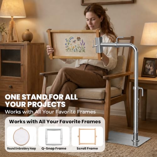 Workstand with Side Clamp for Lowery Stand, 360° Rotating Metal Needlepoint Workstand with Side Clamp, Fits 20" Q-Snap Frames & Scroll Rods, Height Adjustable Embroidery Stand for Sofa Hand Sewing