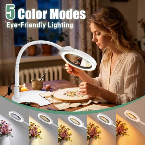 30X 10X Large Magnifying Glass with Light and Stand, 5-Inch Optical Grade HD Lens, 5 Color Modes Stepless Dimmable LED Desk Lamp, Hands Free Gooseneck Lighted Magnifier for Painting Close Work White - color: White