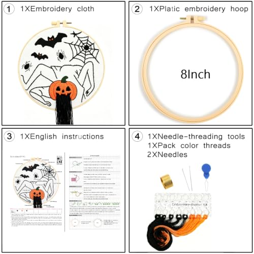 Halloween Embroidery Kits for Beginners Adults, Spooky Spider Bat Embroidery Kits, Stamped Cross Stitch Kits Needlepoint Kits for Adults Woman Halloween Gifts, Embroidery Hoop, Thread, Video Tutorial - color: H2076