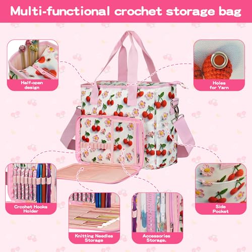 Large Crochet Bag for Yarn Storage - 6-Pocket Knitting Tote Organizer with Eyelets & Elastic Loops, Tear-Resistant Canvas Project Bag for Needles/Hooks, Portable Workstation for Crocheters (Cherry)