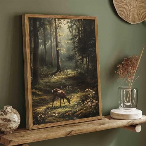 Framed Vintage Forest Deer Canvas Wall Art, Rustic Nature Landscape Paintings Wall Decor, Woodland Animal Pictures Prints Cottagecore Home Decor for Living Room Bedroom Office 8x10inch - color: Deer, size: 10"L x 8"W