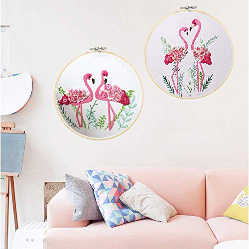 Konrisa Flamingo Embroidery Kit for Beginners with Pattern Floral Stamped Full Range of Embroidery Starter Kit for Adults Cross Stitch Kit with Embroidery Cloth, Hoops, Color Thread and Tools,Set of 2 - color: Type-2