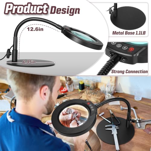 30X 10X Magnifying Glass with Light and Stand, 5 Color Modes Stepless Dimmable LED Lighted Desk Lamp, Hands Free Magnifier with Flexible Goose-Neck for Craft Hobby Painting Sewing Close Work - Black - color: Black, size: 30X 10X-12.6in