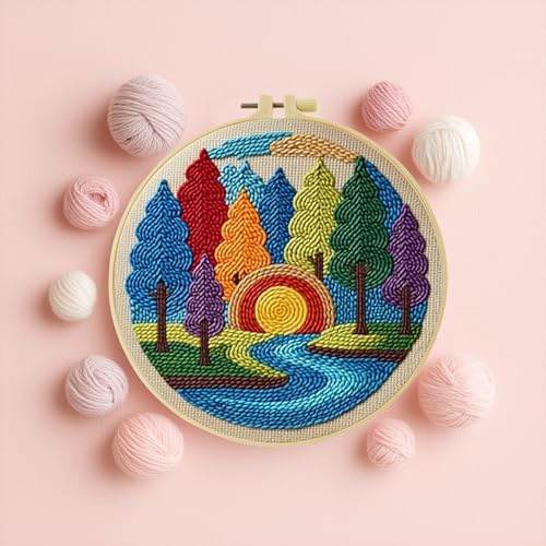ZuoAnLF Punch Needle Kit for Beginner, Rug Yarn Hooking Beginner Kit with Instruction, Punch Needle Fabric with Pattern, Yarns, Embroidery Hoops for Punch Needle 20CM/9.8INCH (Tree) - color: tree