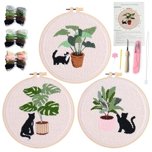 Myfelicity Punch Needle Kit for Adults, Beginners, Cat and Greenery Patterns, Includes Punching Needle Supplies - color: Cat