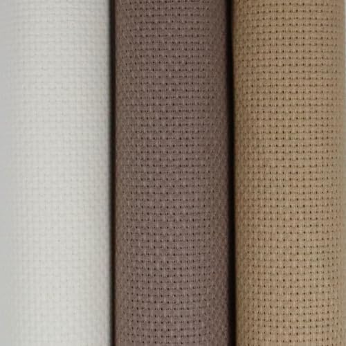 KCS 3 pc of 15" x 18"(38cmx45cm) 14 Count Cross Stitch Cotton Aida Cloth Needlework Rolled Fabric Box,14CT,Antique White +Coffee+Khaki - color: Antique White +Coffee+khaki, size: 14CT