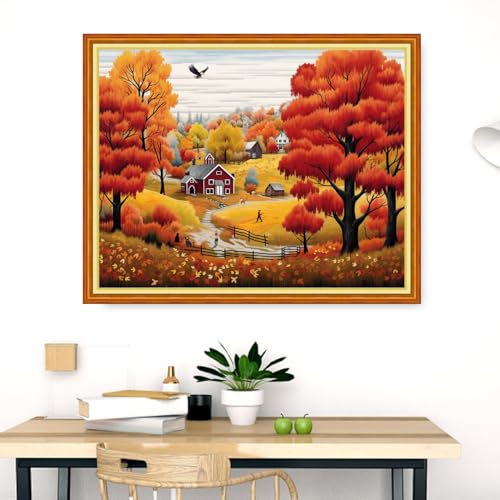 Dimensean Stamped Cross Stitch Kits Full Range of Embroidery Patterns Starter Kits for Beginners Adult DIY Cross Stitches Needlepoint Kits 11CT-Deep Autumn Scenery 16x20 inch - color: Craftpattern45