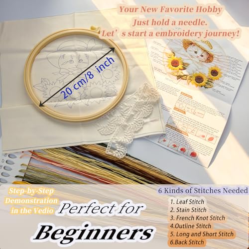 FONNUY White Kitten Embroidery Kit, Sunflowers Cat Lace Hat Cross Stitch Kits for Beginners, Handmade Crafts with Printed Patterns for Adults, Color Thread Needlework, 8'' Hoop (Cat 01) - color: Cat 01
