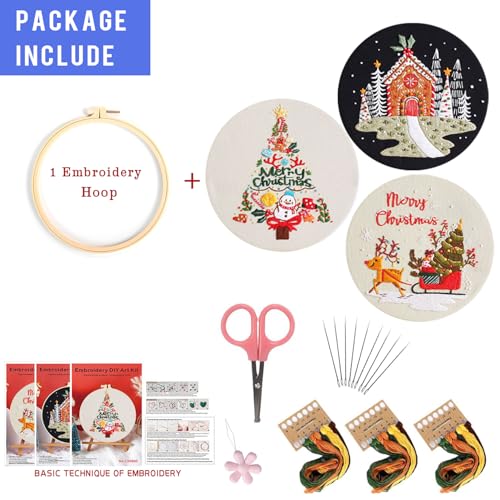 LB Christmas Embroidery Kit for Beginners Adults, 3 Sets Hand Embroidery Starter Kit with Snowman Pattern and Instructions Stamped Cross Stitch Kits Include Embroidery Hoop Needles Threads Scissors - color: Black White