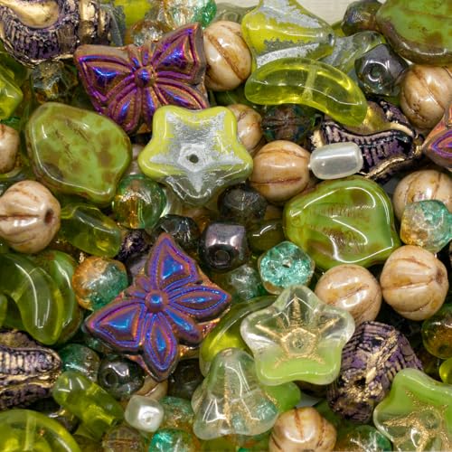 1.4oz (40g) Mix of Czech Glass Beads, Green Leaves and Flower Beads with Purple Butterfly Beads, Hand Made Set Kit, Green Purple Butterflies - color: Green Purple Butterfly