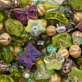 1.4oz (40g) Mix of Czech Glass Beads, Green Leaves and Flower Beads with Purple Butterfly Beads, Hand Made Set Kit, Green Purple Butterflies - color: Green Purple Butterfly