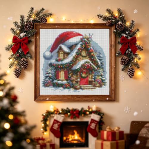 Christmas SnowHouse Stamped Cross Stitch Kits for Adults, Santa Hat 11CT Needlepoint Counted Cross Stitch Kits for Beginner, Printed Dimensions Embroidery Kit Art Craft for Home Wall Decor 14x14 Inch - color: SZXY011-US