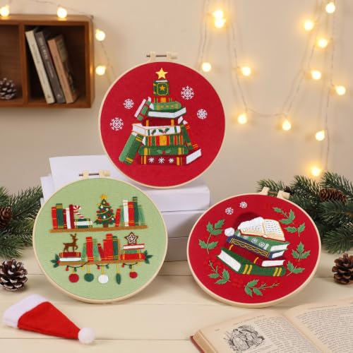 Mindsoft 3 Sets Christmas Booklover Embroidery Kit with Hoop Easy Pattern - style: Christmas Booklover