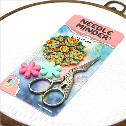 Awesome Pattern Studio Needle Minder Set - Flower Magnetic Needle Minder + 2 Needle Threaders + Crane Scissors. Enamel Pin for Cross Stitch, Embroidery and Craft - size: Flower Set #2