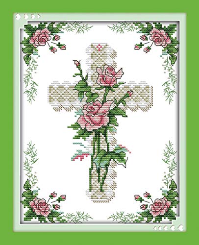 Printed Cross Stitch Kits 11CT 10X14 inch 100% Cotton Holiday Gift DIY Embroidery Starter Kits Easy Patterns Embroidery for Adults Crafts DMC Stamped Cross-Stitch Supplies Needlework The Cross Rose - color: Stamped 10×14 inch