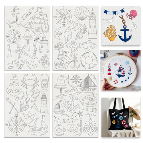 BENECREAT 4Sheets 55Pcs Water Soluble Embroidery, 11.7x8.3inch Summer Ocean Navigation Pattern Transfers Water Soluble Stabilizer for Embroidery Stick and Stitch Embroidery Designs - style: Ocean Navigation