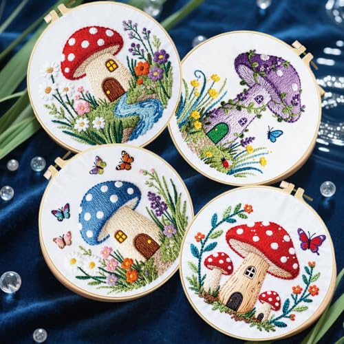 FREEBLOSS 5 Set Embroidery Kit Mushroom Pattern Stamped Embroidery Starter Kit with Step by Step Instructions, Colored Threads, 2 Hoops, Needlepoint Kits for Hand Craft Lovers Gift, 30cm/11.8inch