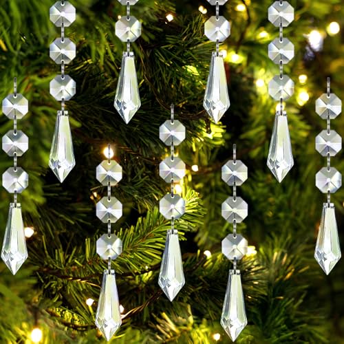 Jishi 30pk Crystal Ornaments for Christmas Tree Decorations, Acrylic Hanging Crystals for Centerpieces Home Decor, Clear Plastic Icicle Prism Drop Pendant w/Crystal Beads for Chandelier Party Supplies - style: Icicle