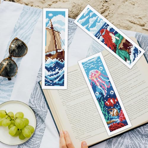 ORIGACH 6 Set Ocean Wave & Nautical Cross Stitch Bookmark Kit for Beginner - style: Ocean Wave