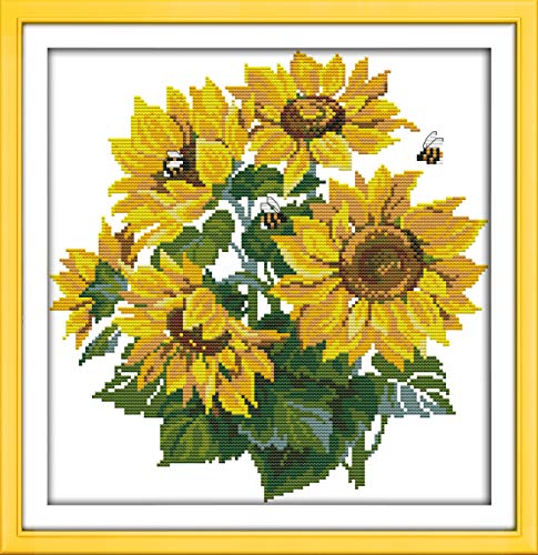 Printed Cross Stitch Kits 11CT 16X16 inch 100% Cotton Holiday Gift DIY Embroidery Starter Kits Easy Patterns Embroidery for Girls Crafts DMC Stamped Cross-Stitch Supplies Needlework Sunflower - color: Stamped 16.1×16.5 inch