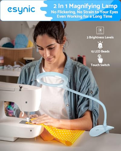 eSynic Magnifier Lamp with Light - 5X & 10X 110mm Large Lens with 15 LED Lights & USB-C Rechargeable Charging- With Flexible Gooseneck Adjustable Dual Clip& Base Mount for Crafts, Reading & Close Work