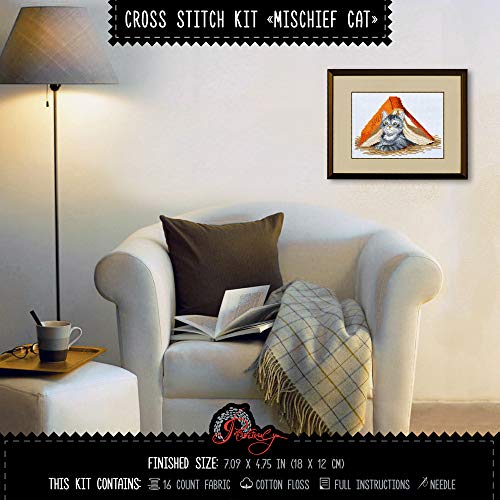 Counted Cross Stitch Kit 'Mischief Kitten' DIY Embroidery Set with Counted Gray Tabby Cat Pattern