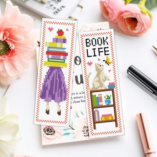 ACRNIGHEET 6PCS Cross Stitch Bookmark Kit for Beginner Bookshelves Stamped Cross Stitch Kits for Adults DIY Embroidery Bookmark Kits Crossstitch Kits Adult with Instructions Hand Craft Gift 11CT - style: Simple books patterns