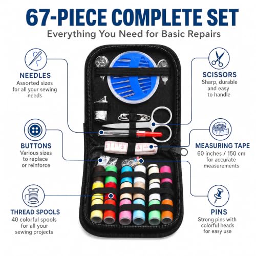 Sewing Kit 67Pcs Embroidery Set with 18 Color Threads in Black Storage Bag Portable Travel Sewing Supplies with Needles Scissors Seam Ripper - color: 67pcs