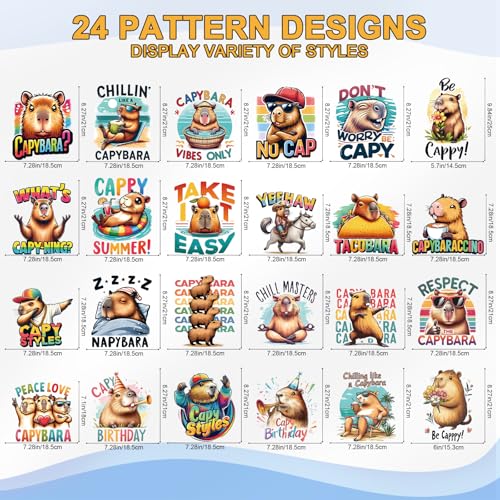 Wxiben Dtf Transfers Ready to Press - 24 Pcs Capybara Iron on Transfers for T-Shirts Cartoon Animal Heat Transfer Vinyl Stickers Cute Capybara Iron on Decals for Clothes Bag Hoodie DIY Craft - style: Capybara