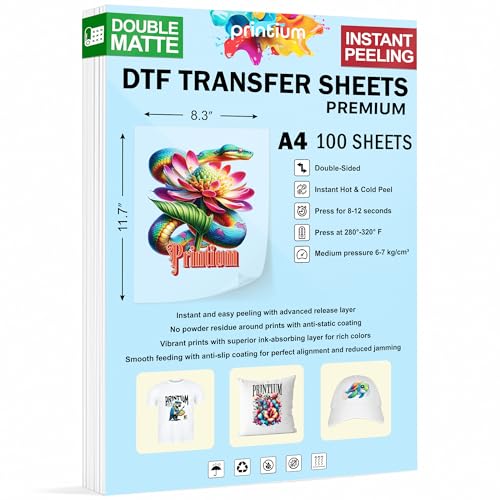 DTF Transfer Film Sheets A4 (8.3 x 11.7 inch) | Premium Hot & Cold Peel | Double Matte Anti-Static PET | 100 Pack | Heat Press Paper | ET8550 L1800 XP15000 XP600 R1390 I3200 TX800 5113 - size: Premium 100 Sheets
