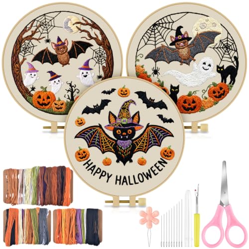 TINDTOP Halloween Embroidery Kit for Adult, 3 Pack Embroidery DIY Starter Kit, with Stamped Patterns, Hoop, Tools, Colorful Threads with Needles, Instructions - color: Halloween B