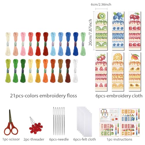 FREEBLOSS 6pcs Fruit Cake Cross Stitch Bookmark Kit 11CT Stamped Cross Stitch Kit DIY Embroidery Bookmarks Set with Felts Backing Instructions for Adult Beginners 8"x2.4" - style: Cake cutting surface