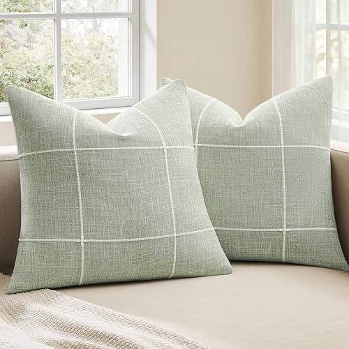 2 Packs Grid Embroidery Throw Pillow Covers 18x18in Sage Green - color: Light Sage Green, size: 18" x 18" (Pack of 2)