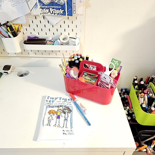 3 Pack Small 6 Compartment Multiuse Caddy Organizer with Handle Art Craft Supplies, Office, Desk, Stationery Pen Holder Stackable- Made In USA (Red) - color: Red