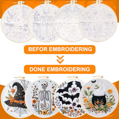 4 Set Halloween Embroidery Kit, Halloween Cross Stitch Kit, Gothic Embroidery Starter Kit 6 Inch Needlepoint DIY Craft for Beginners Adults