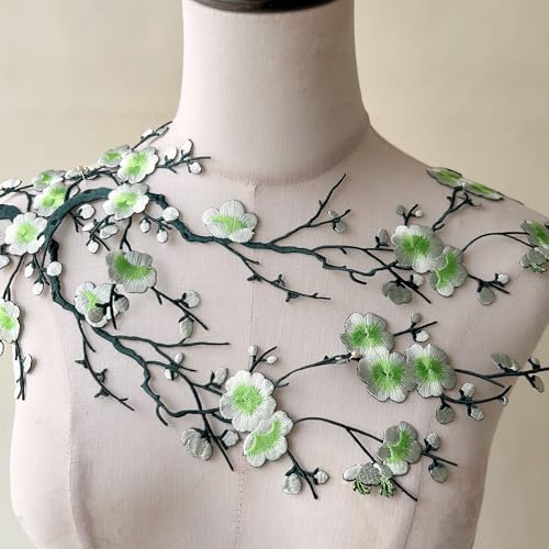 2pcs Iron on Plum Flower Applique Green Color Embroidery Vine of Floral for Clothing,Costumes - color: Green