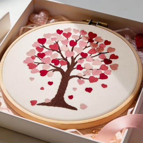 Love Heart Tree Embroidery Kits for Beginners Adults, Valentine's Day Hand Embroidery Kits, Cross Stitch Kits for Adult Anniversary Valentine's Gift, Entire Set of Embroidery Supplies & Video Tutorial - color: H2067