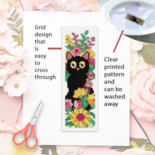 ORIGACH 6 Set Cat and Flower Cross Stitch Bookmark Kit for Beginner - style: Cat and Flower