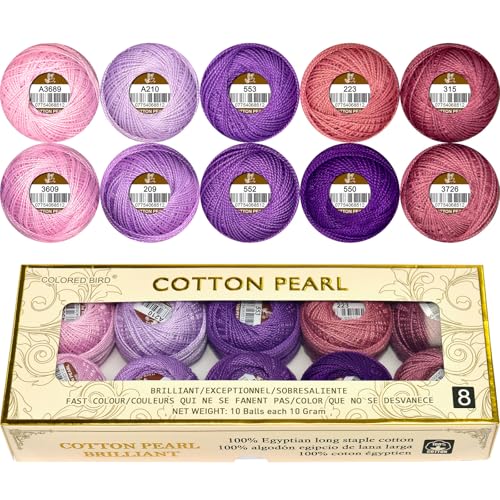 Double Mercerized Egyptian Long Staple Cotton Pearl Thread Ball 10 Grams Rainbow Color Embroidery Thread 10 Colors per Box for Crochet Hardanger Cross Stitch Hand Embroidery,Purple Series - color: purple series