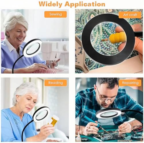 Reading Lamps, Clip on Desk Lamp,Craft Lamp Adjustable Lighted Magnifying Glass with Stand Portable Eye LED Light 3 Colors Dimmable for Reading Crafts Workbench (Adapter Available)