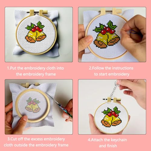 Zhenqing 5 Christmas Ornament Cross Stitch Kit - Pre-Printed 11CT 11.5x57.5cm Fabric with Full Tools (Santa, Tree, Snowman Designs for Beginners)(70023)