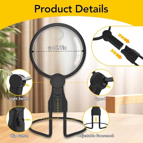 2500mAh Magnifying Glass with Light, 5X Hands Free Magnifier for Reading - size: 2500mAh